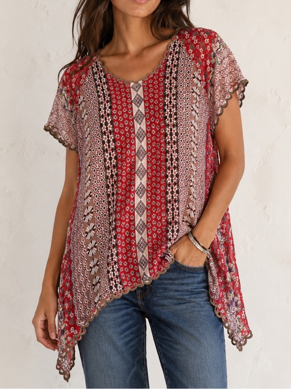 JOHNNY WAS Patchwork Floral Tunic Top in Red Sz S Boho Embroidered Scalloped